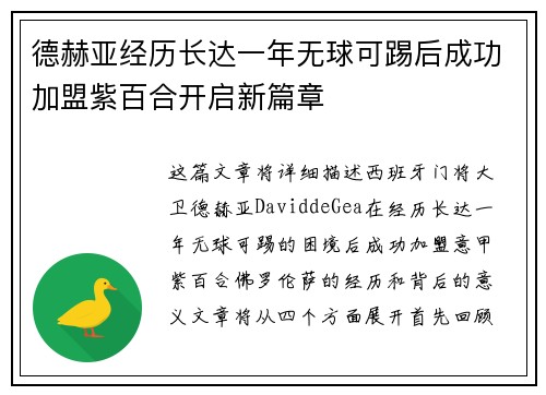 德赫亚经历长达一年无球可踢后成功加盟紫百合开启新篇章